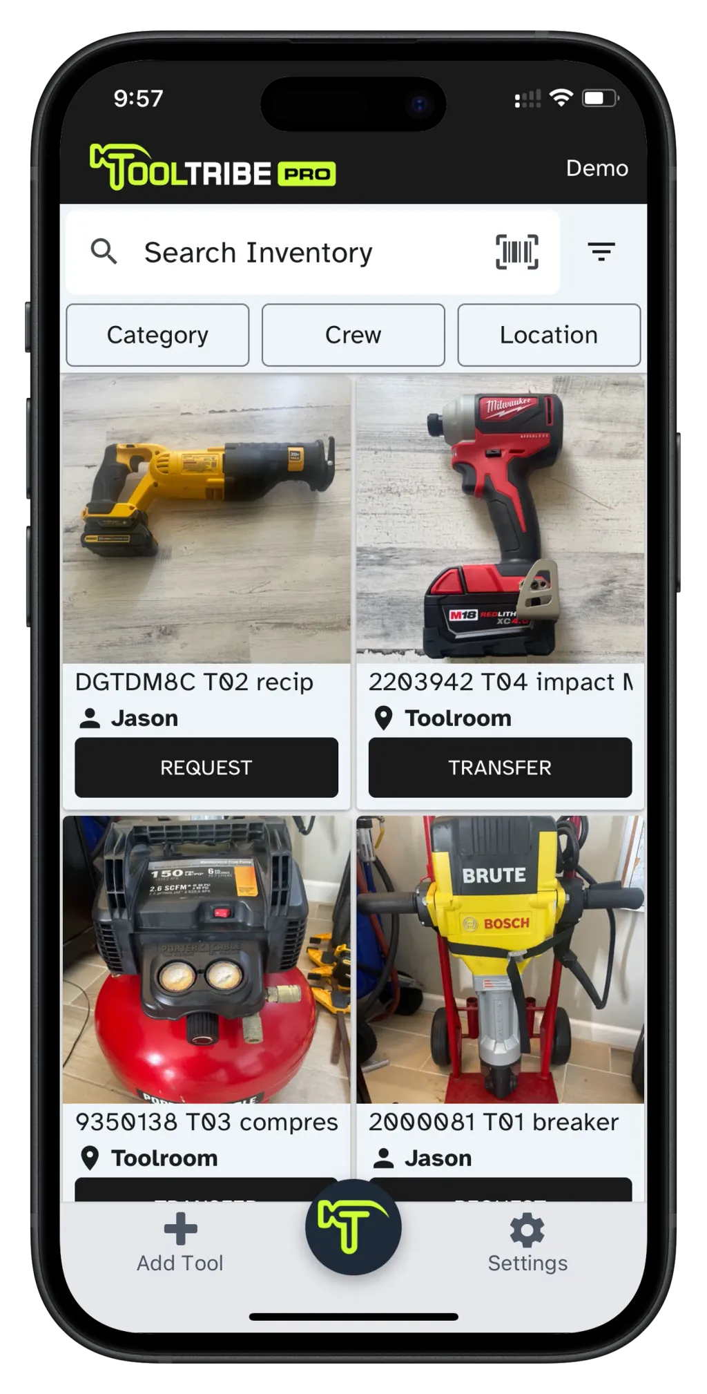 Visual tool inventory on the TOOLTRIBE app