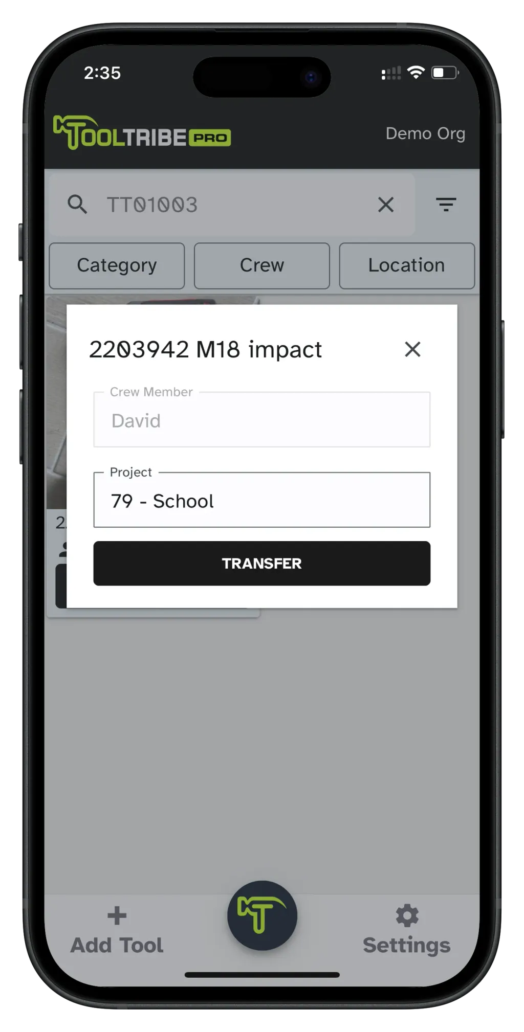Scanning a tool to accept a transfer