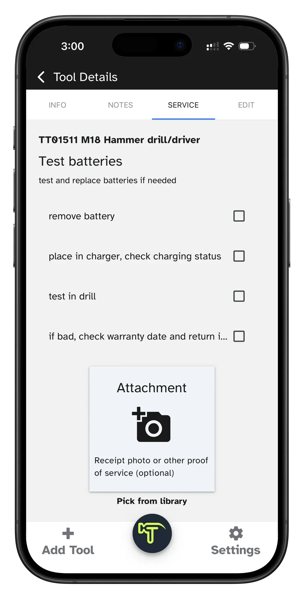 Service checklist completed in the mobile app