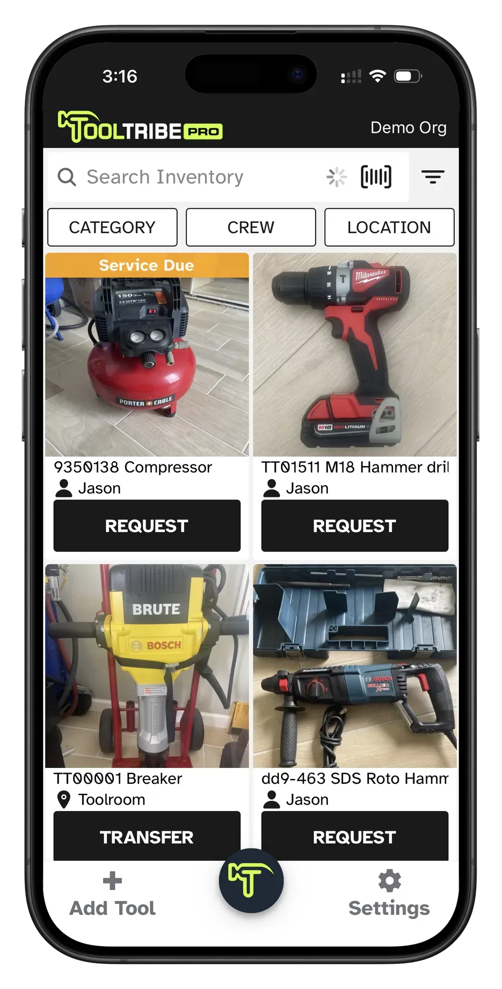 Service due reminder on a tool in the mobile app