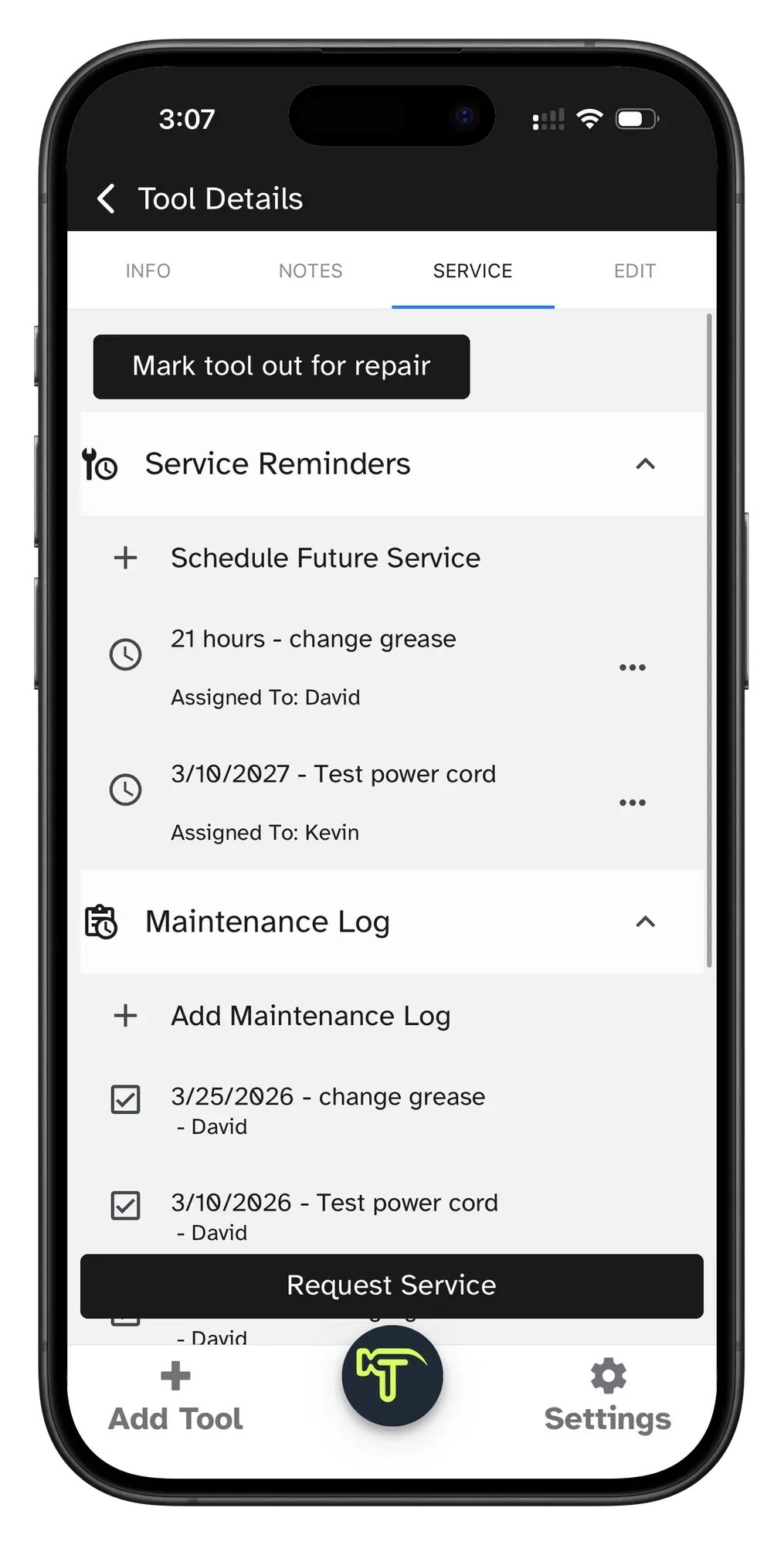 Service tracking and reminders in the mobile app